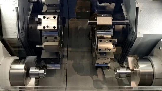 Torno CNC de doble husillo y doble torreta con velocidad de 20 m/min con sistema hidráulico